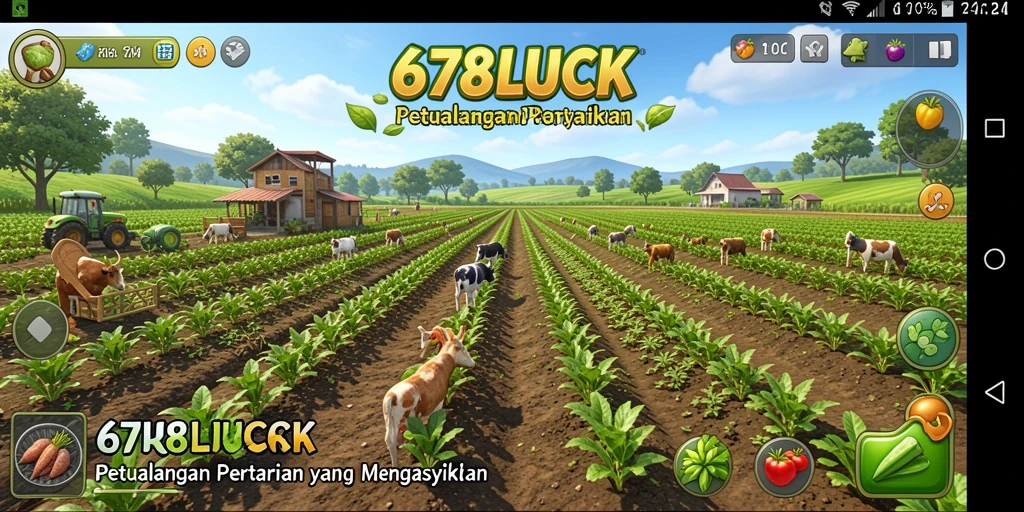 Screenshot gameplay 678LUCK yang menunjukkan aktivitas berkebun dan merawat hewan.