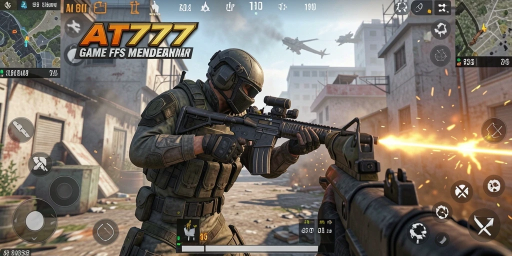Screenshot AT777 menampilkan aksi mendebarkan dalam mode FPS.