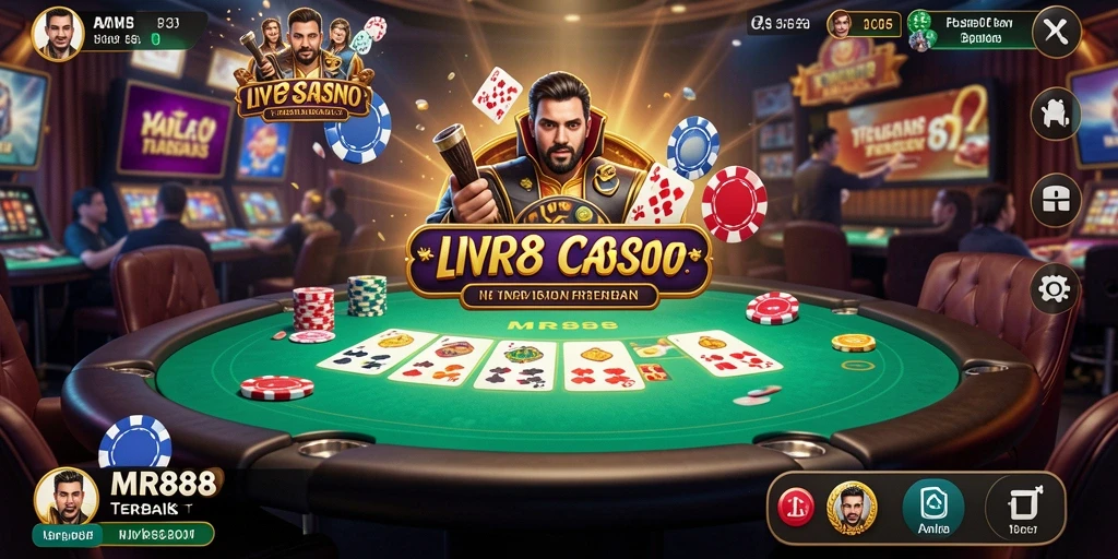 Screenshot utama MR888 menampilkan dealer langsung dan suasana kasino yang realistis.