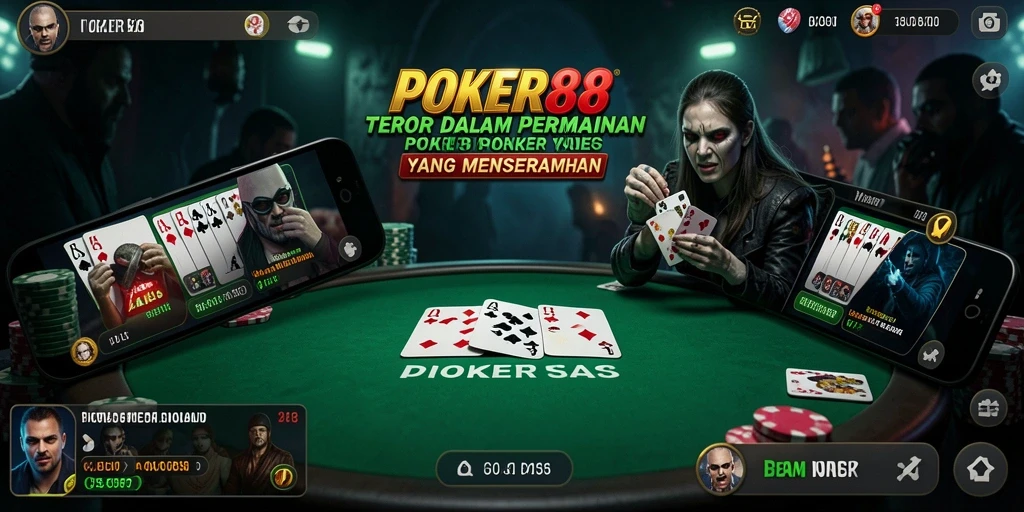 Screenshot utama POKER88 menampilkan suasana tegang dengan makhluk mengerikan.