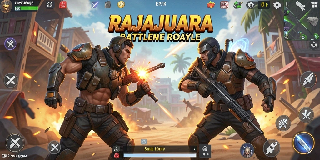 Screenshot gameplay RAJAJUARA, menampilkan pertarungan intens di arena Battle Royale.
