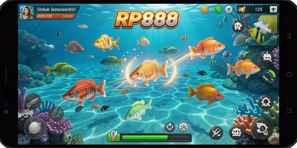 Tampilan gameplay Tembak Ikan seru di RP888 dengan berbagai ikan berwarna-warni.