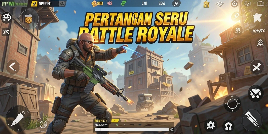Screenshot utama RPWIN1 menunjukkan aksi seru dalam permainan Battle Royale.