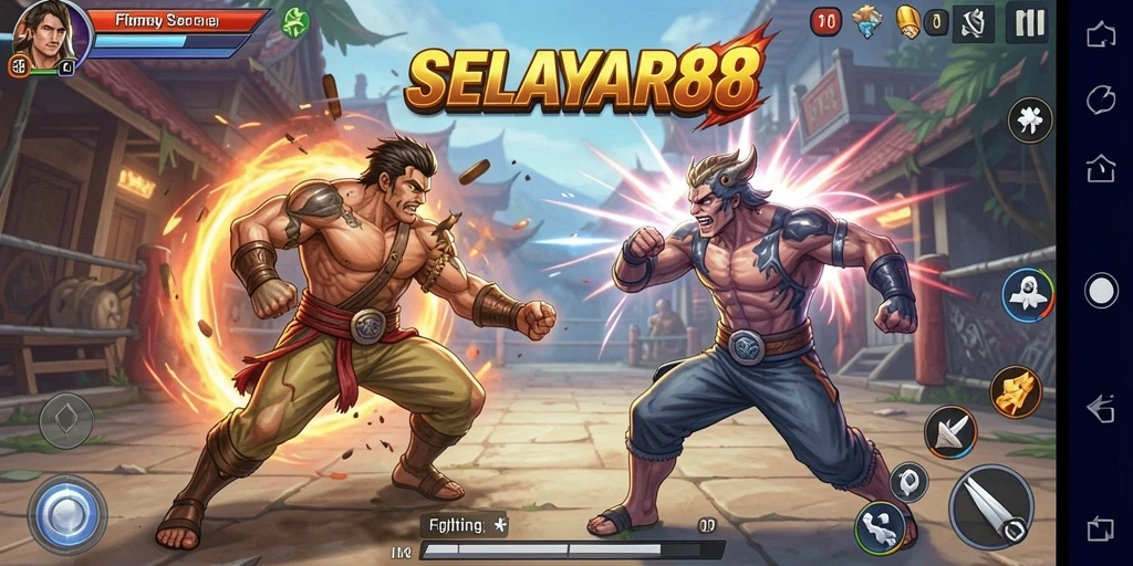 Tampilan seru dari pertarungan di SELAYAR88 yang menampilkan karakter dengan berbagai gerakan.